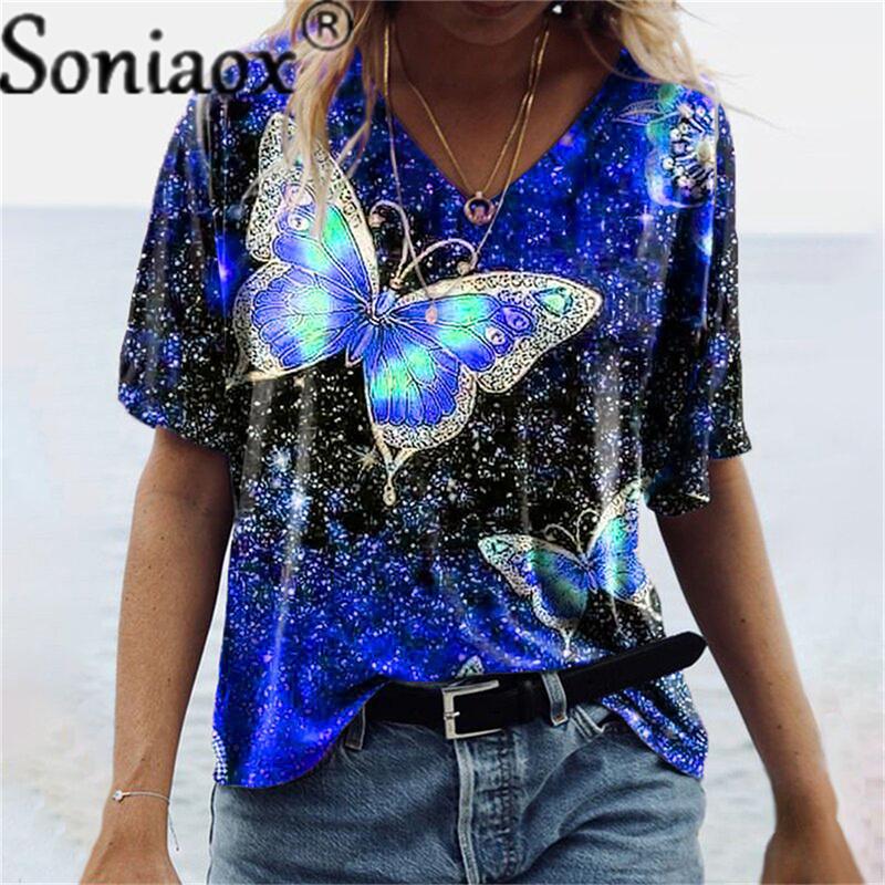 2022 Летняя женская рубашка с коротким рукавом и V-образным вырезом с принтом бабочки 3D, хлопковая футболка, топ больших размеров, повседневная свободная уличная одежда