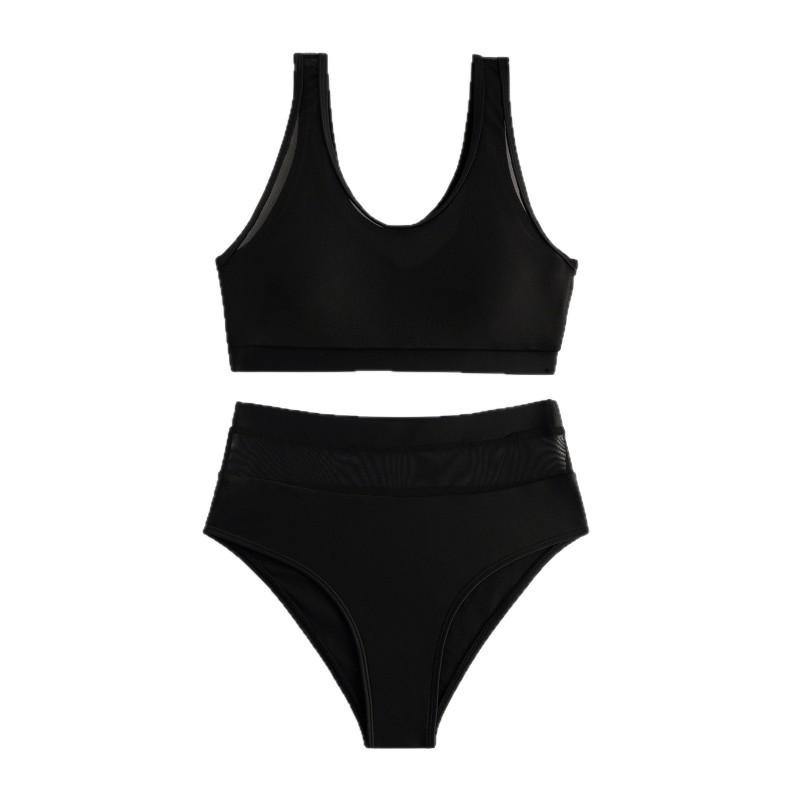 Sexy Fashionable Mesh Stitching Solid Color Vest Women's Split Swimsuit BIKINI