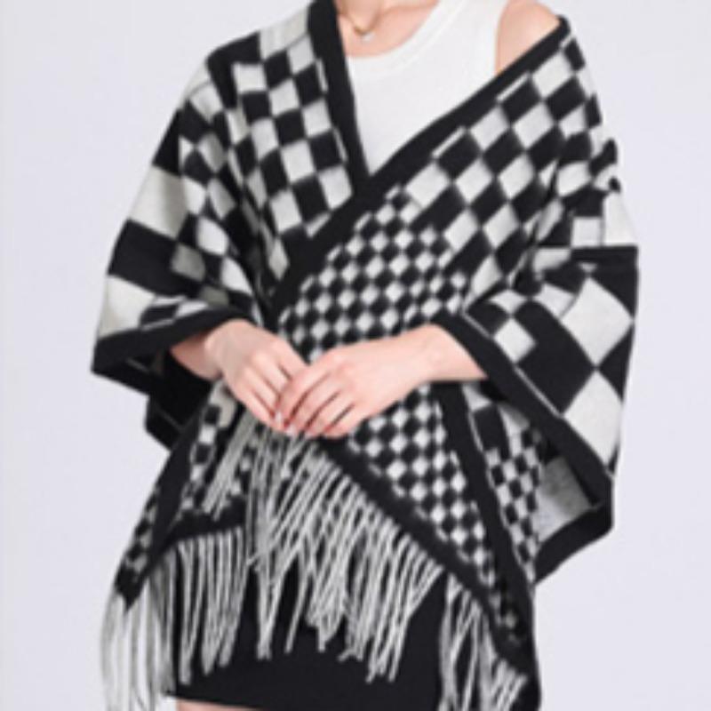 Осенне-зимняя шаль с бахромой, женская клетчатая накидка, кардиган большого размера, накидка, шарф, твидовый жакет