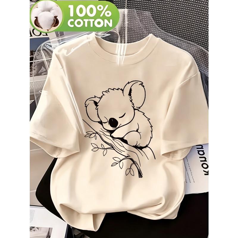 Женская футболка 100% хлопок, Милый эскиз спящей коалы, Круглый вырез, Короткий рукав, Повседневный модный летний топ, Дышащая