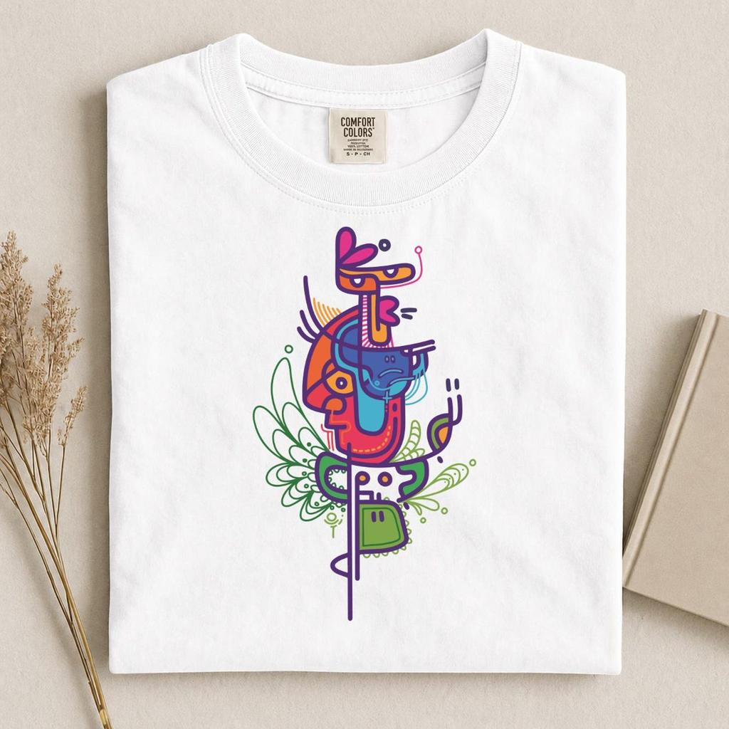 Abstract Tribal Character T-Shirt and kids tshirt, Colorful Surreal Line Art Tee, Indie Streetwear Top