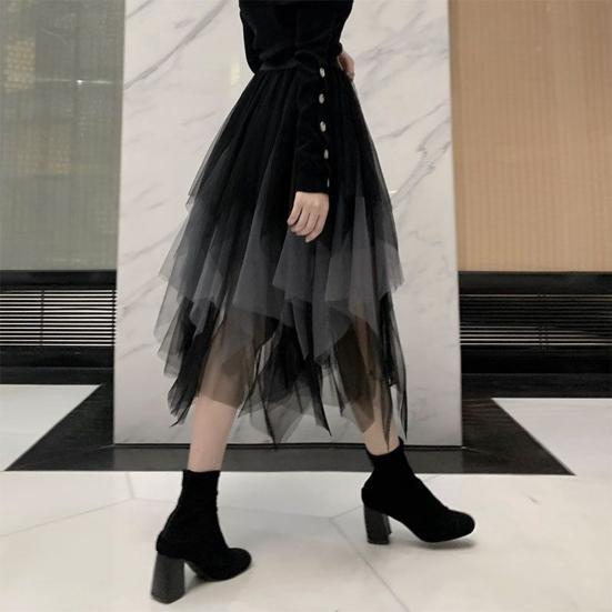 Женская юбка Эластичная Высокая талия Неровный Многослойный Подол Midi Юбка Блестящие Стразы Декор Стройнящая Вечеринка Юбка Повседневная