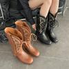 Fashion Retro Embroidered Leather Mid-Calf Western Cowboy Boots Women 2025 New Thick Heel British Style Knight Boots Microfiber Material