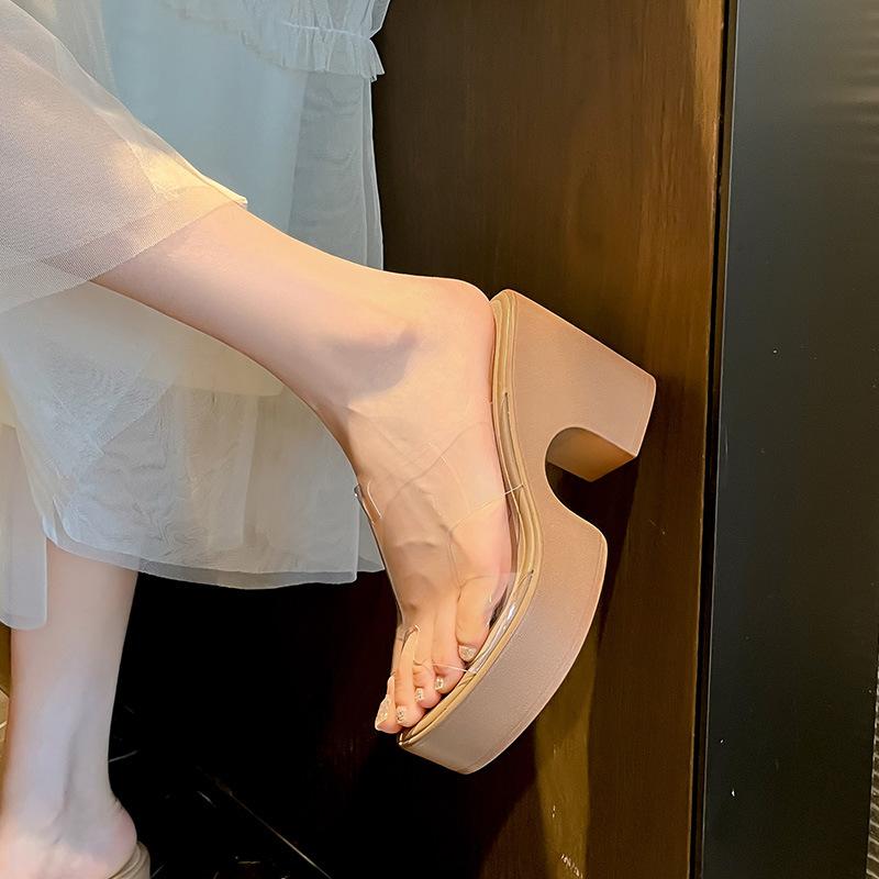 Открытые носки на толстой подошве женские модные односложные кроссовки 2025 новые летние прозрачные босоножки на высоком каблуке в стиле феи
