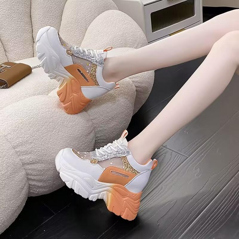 Вулканизированная обувь на платформе с блестками для женщин, кроссовки, женская прогулочная обувь с сетчатой ​​шнуровкой, женская обувь, увеличивающая внутренний рост