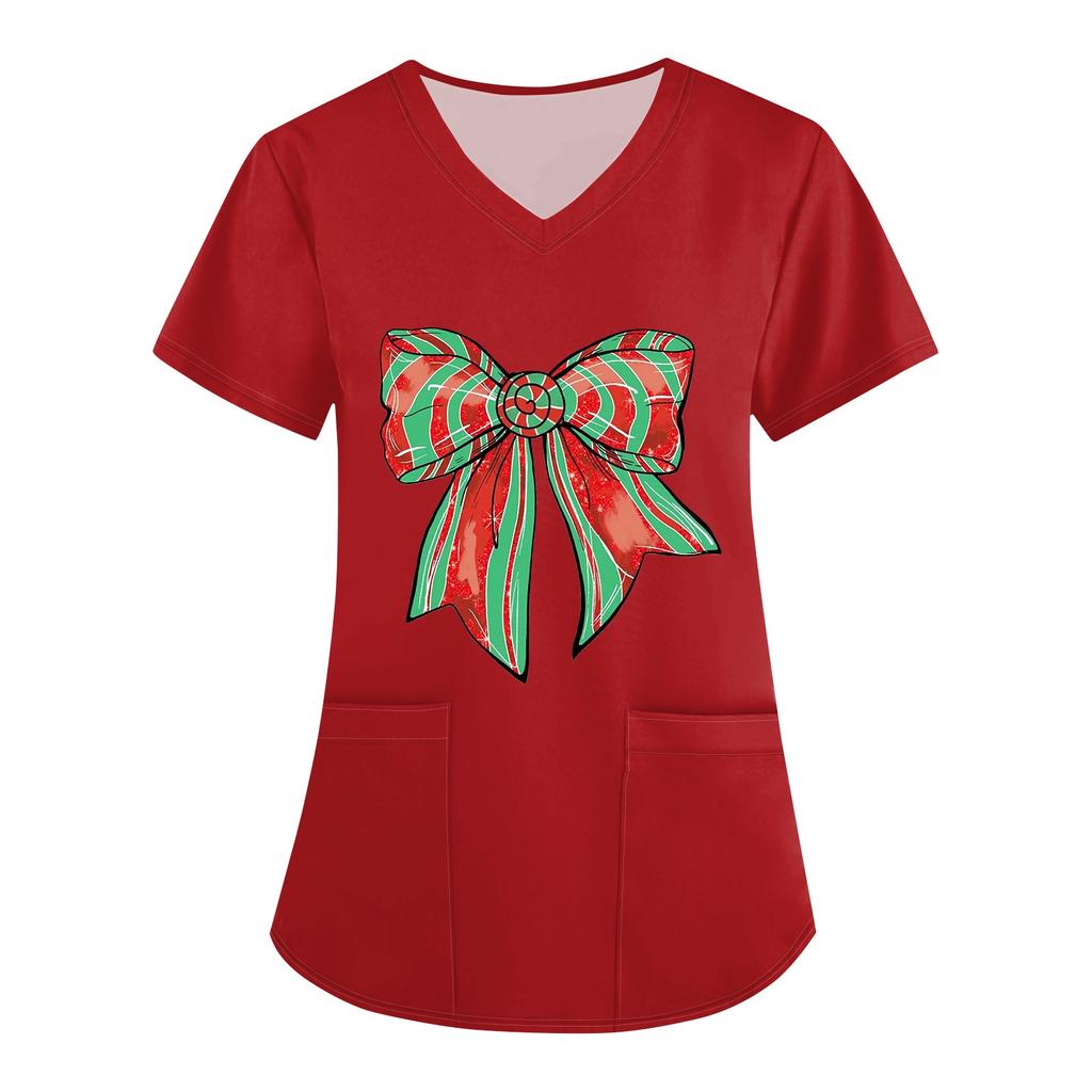Women's Christmas Printed Uniform Work Uniform V-Neck Pocket Protective Work Uniform