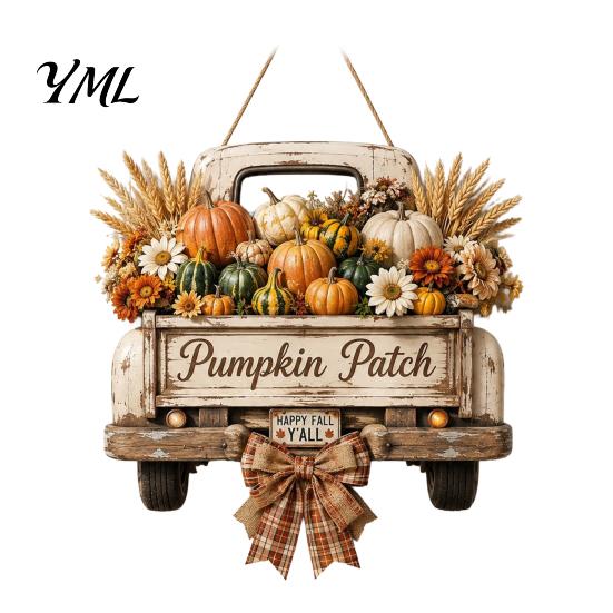 Decorative Door Sign for Fall Harvest Pumpkin Truck Hanging Front Door, Wooden with Holiday Wall Plaque Hemp Rope, Distressed Farmhouse Welcome Sign,