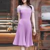 Women Patchwork Round Neck Short Sleeve Pleated Hem Casual Dress