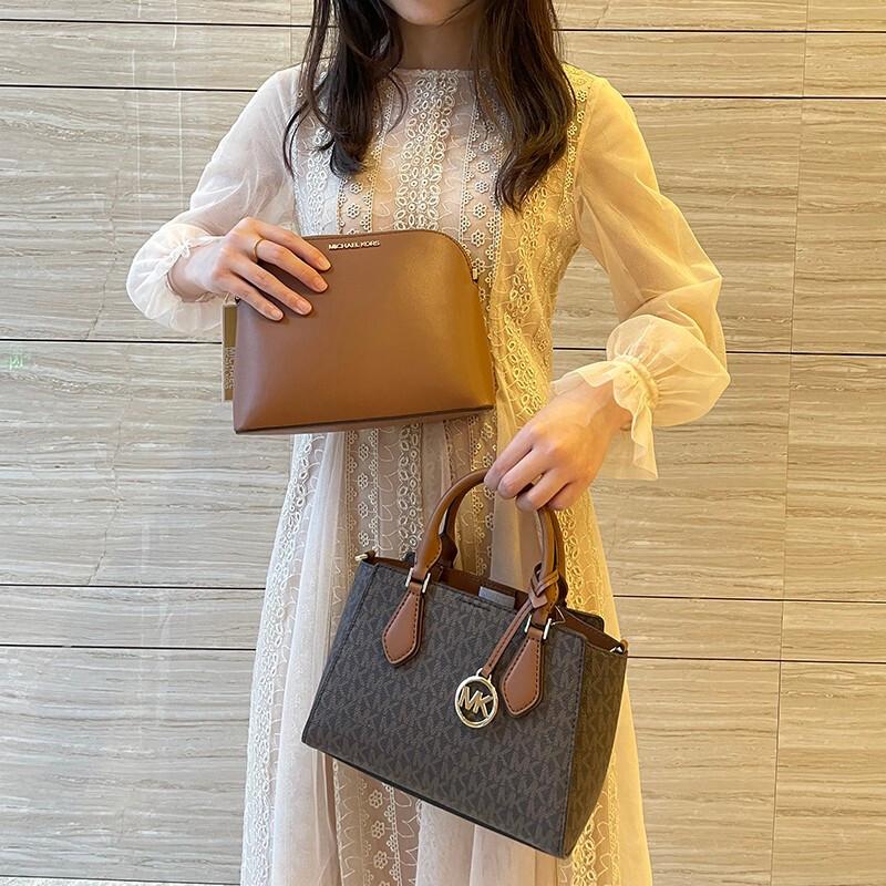 Michael Kors MK Daria Monogram Logo Pendant Vintage Leather Tote Shoulder Crossbody Bag Women bags Brown 35S1GDIC1B-BROWN
