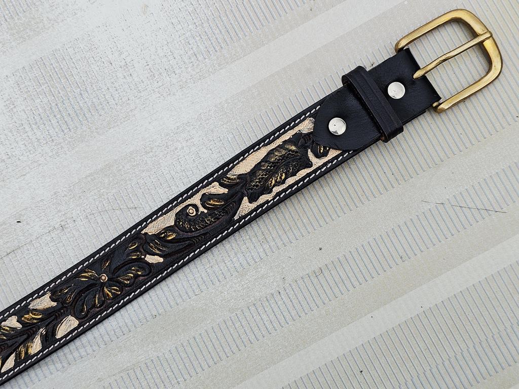 Hand Tooled Black Leather Cowboy Belt – Floral Carved Western Rodeo Belt – Full Grain Handmade Ranch Men’s Outfit