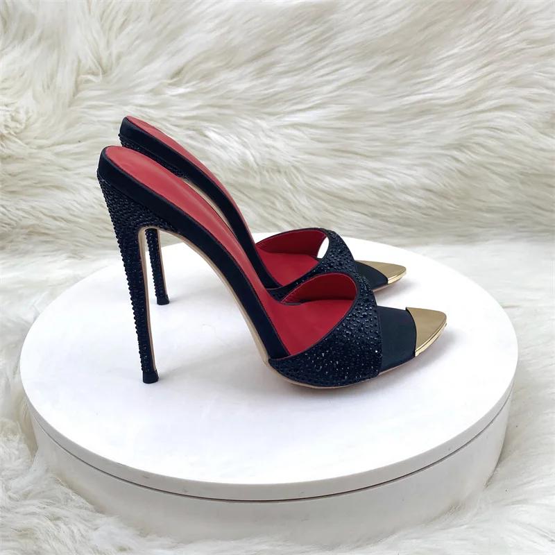 Кристально-черные блестящие модные женские босоножки на каблуках 12 см, свадебные сексуальные туфли, женские тапочки, большие размеры 33-45