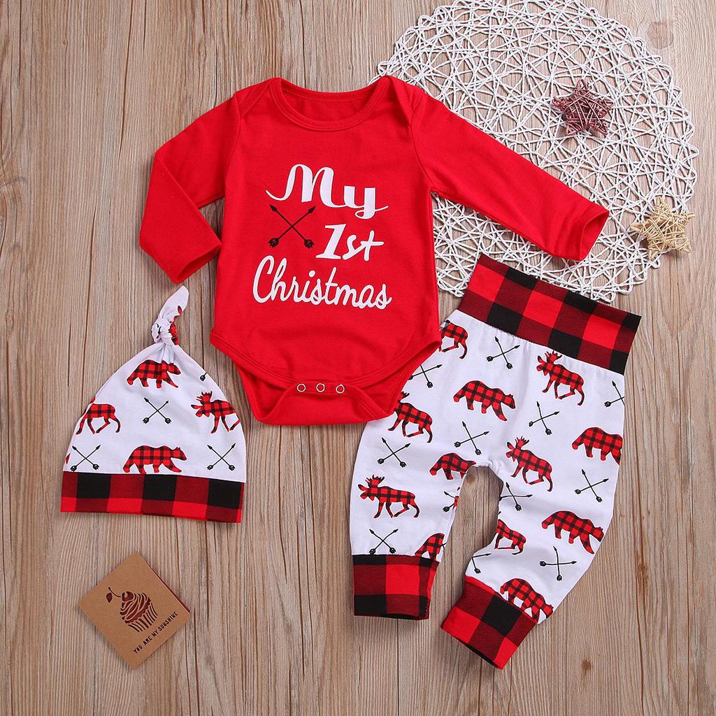 Christmas Baby Newborn First Xmas Romper +Pants+Hat Clothes