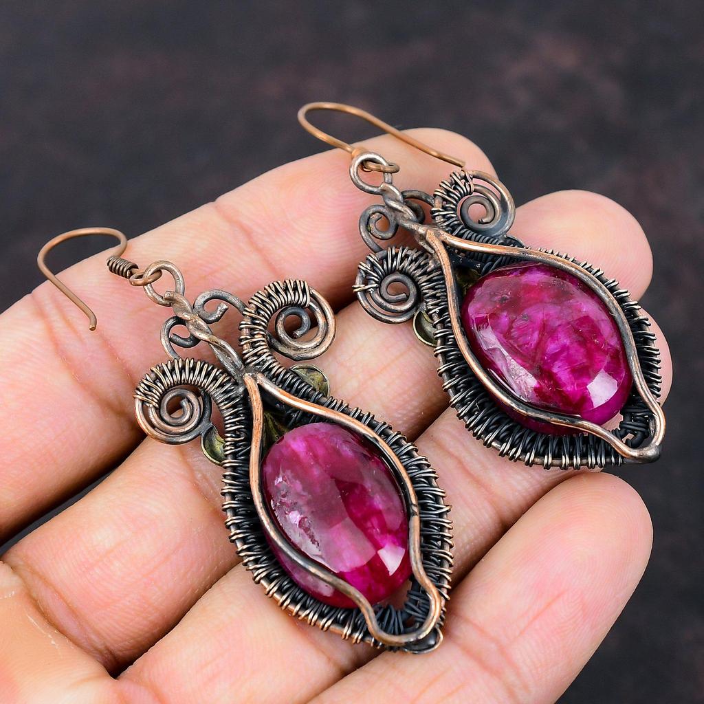 Граненые кашмирские рубиновые серьги, серьги из медной проволоки, кашмирские рубиновые украшения, серьги ручной работы с драгоценными камнями, подарок на помолвку, ювелирные изделия из медной проволоки