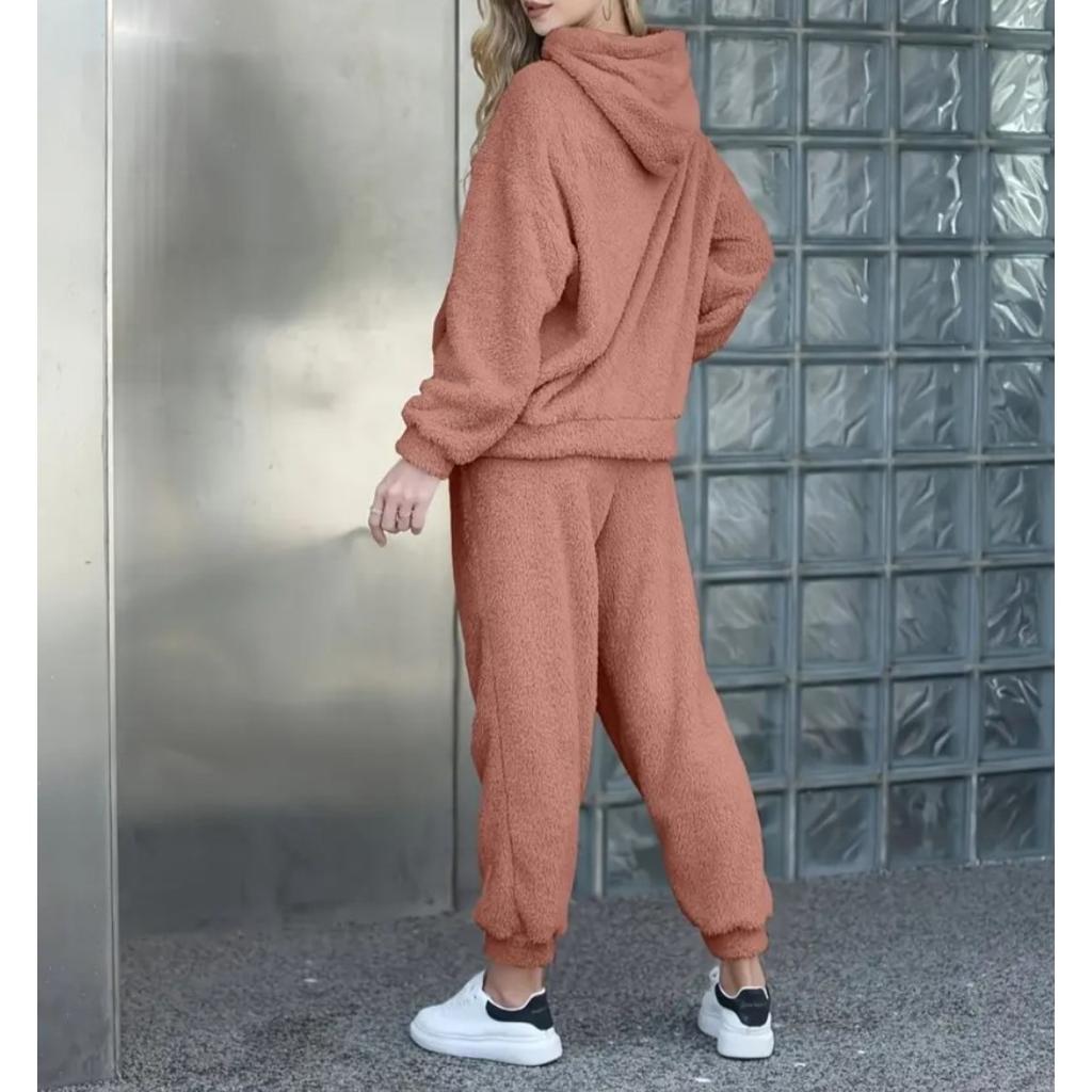 Осенне-зимняя однотонная женская одежда, худи с длинным рукавом, накладной карман, повседневные брюки, домашний комплект из двух предметов