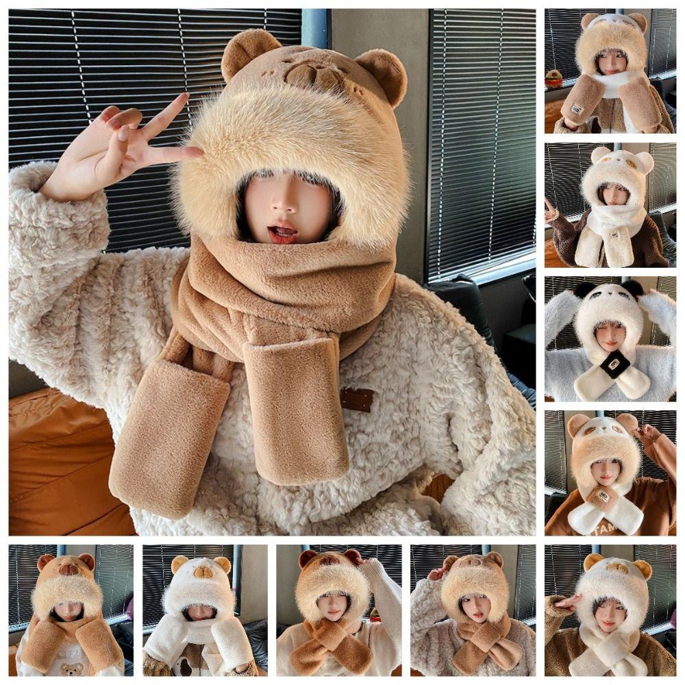 Panda Capybara Hat Scarf Set 3 In 1 Cartoon Plush Hat Earmuff Scarf Hat Glove for Women Lady