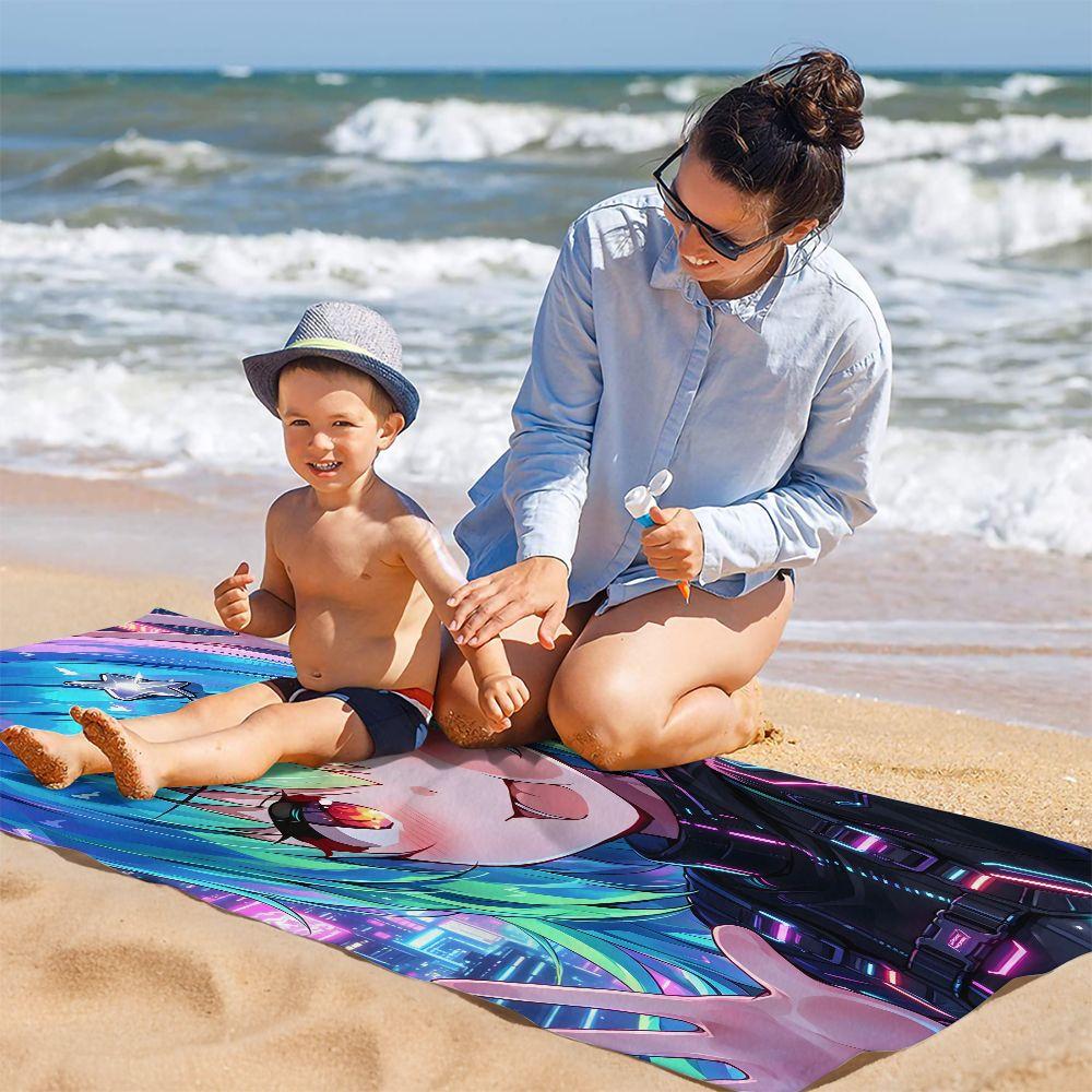 Hatsune Miku Neon Cyberpunk Anime Beach Towel Digital Print Quick Dry For Pool Camping Outdoor Travel Gift