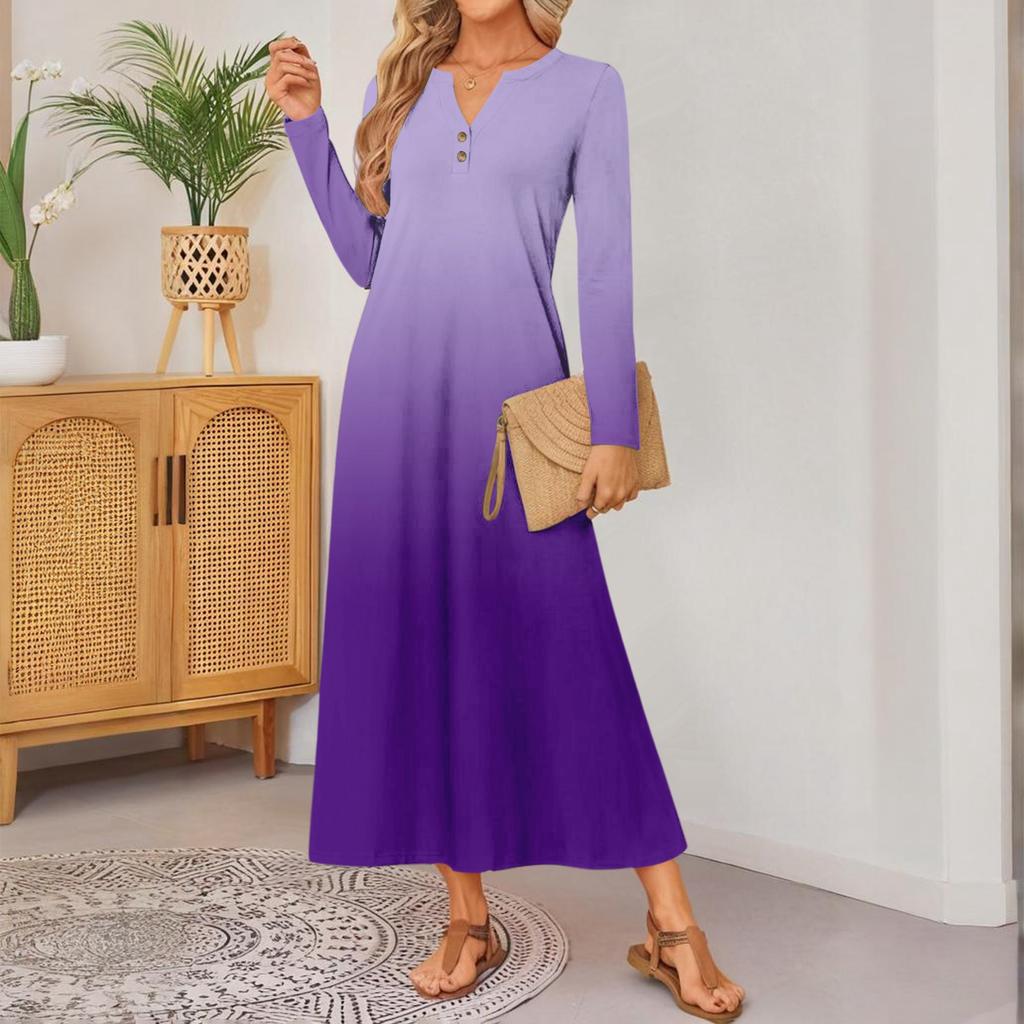 Women Gradient Print Long-sleeved Comfortable Loose Dress Elegant Dress