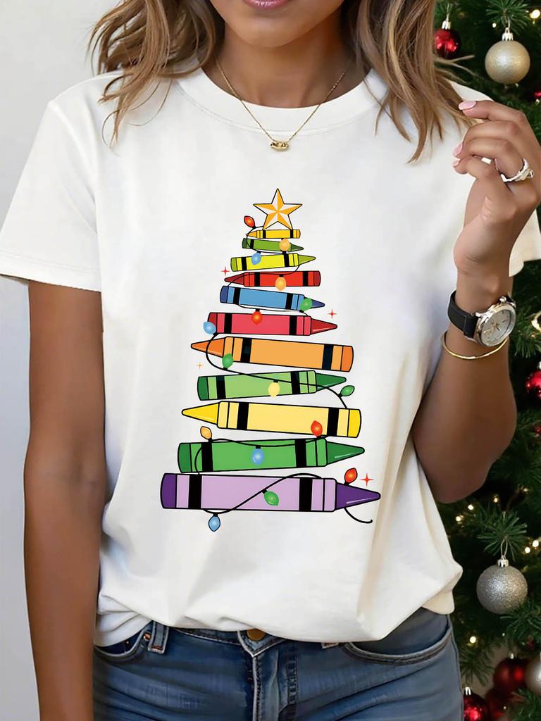 Crayon Christmas Tree Graphic Print T-shirt, Short Sleeve Crew Neck Casual Top for Summer & Spring, Women's Clothing