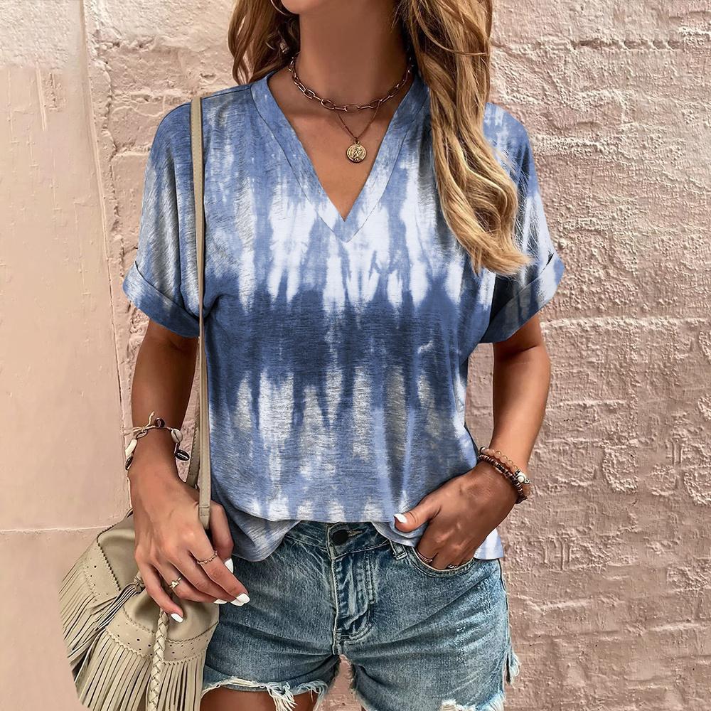 Летняя женская футболка с полосатым принтом, футболка в стиле тай-дай с коротким рукавом, женская одежда, V-образный вырез, свободная блузка, женские футболки