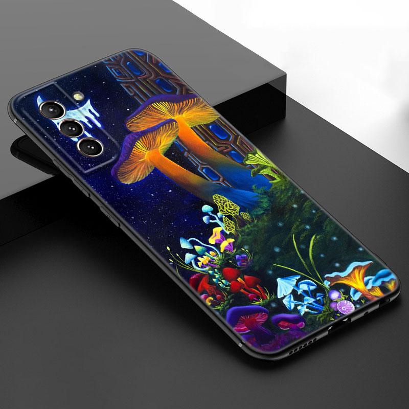 Aesthetic Trippy Mushrooms Black Silicone Phone Case For Samsung Galaxy S23 S21 S20 FE S24 S22 Ultra S10E S10 S9 S8 Plus