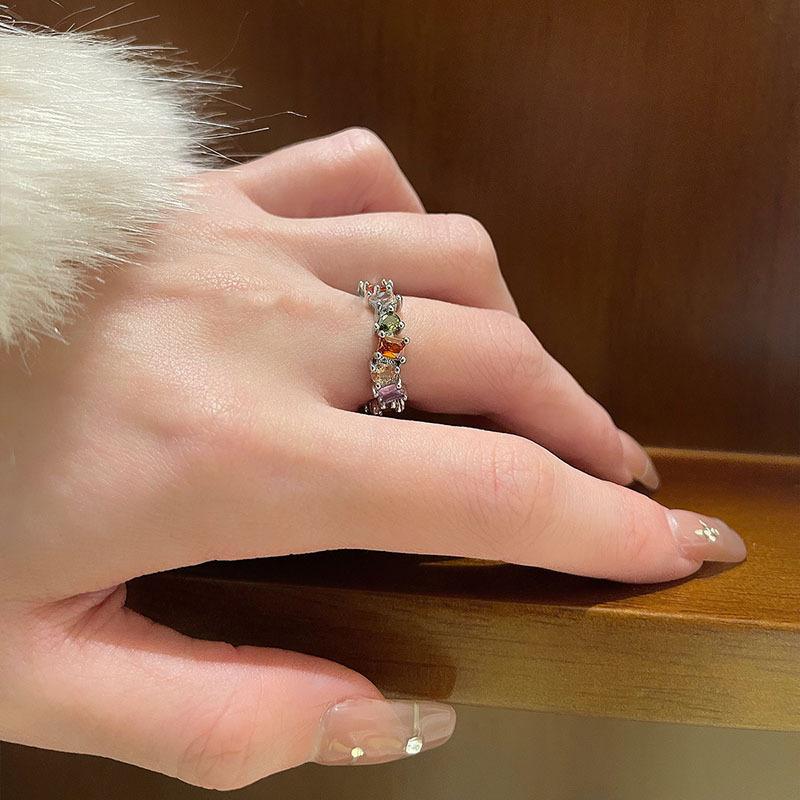 Color Trendy Rainbow Zircon Adjustable Open Ring For Women Fashionable Geometric Design 2023