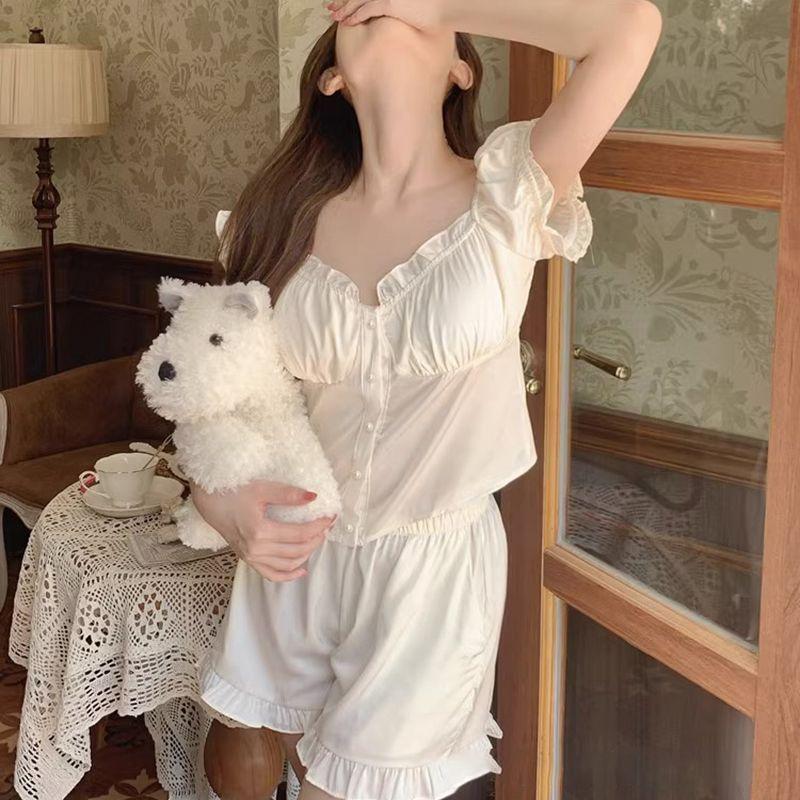 Женские пижамы из ледяного шелка с короткими рукавами, летняя тонкая и милая домашняя одежда