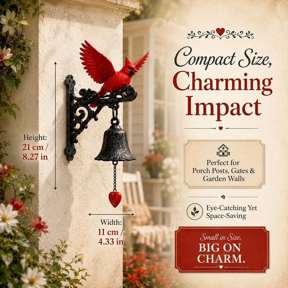 Vintage Cardinal Garden Bell Wind Chimes Metal Resin Rustic Farmhouse Antique Decor for Front Door, Porch, Garden Gifts for Mom Grandma and Lover