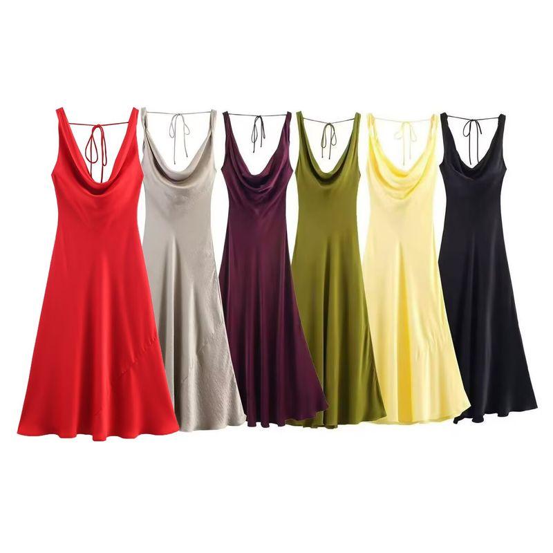 Kaslead New Women Clothes Western Style Fashion Slim Fit Silk Satin Texture Dress 2590934