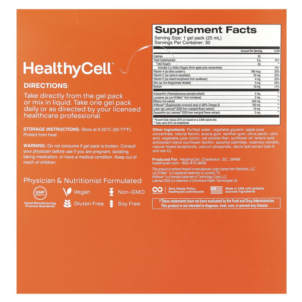HealthyCell, Здоровье глаз, Красный апельсин, 30 гелевых пакетиков, 0,84 жидкой унции (25 мл) каждый