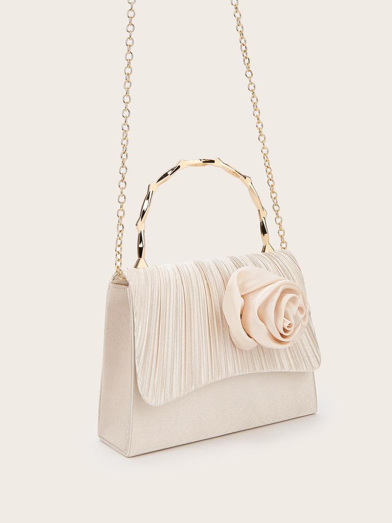 Gold-Bamboo Handle Pleated Satin Evening Bag with Floral Design
