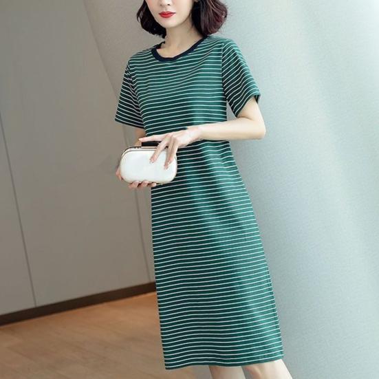 Women Casual Striped Middle Dress Short Sleeve Loose Round Neck Summer Lightweight Comfortable Office Beach Dress