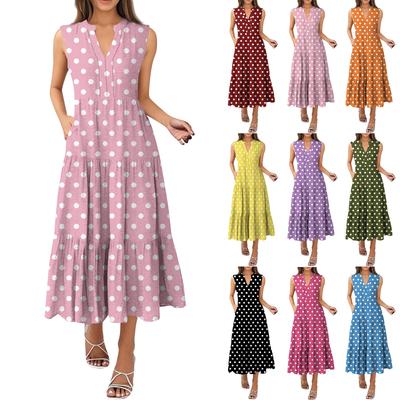 Женские модные летние платья без рукавов с V-образным вырезом и принтом в горошек, плиссированные