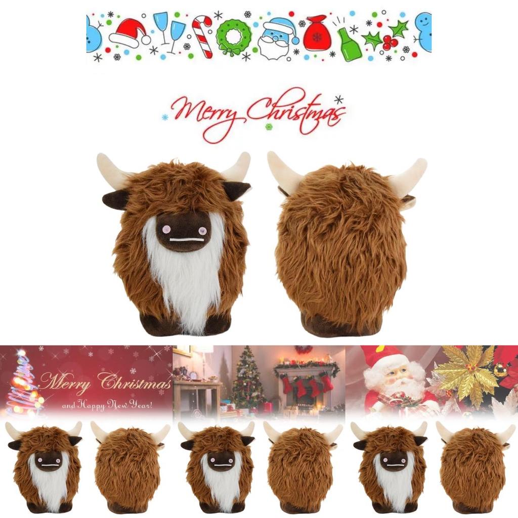 Adorable Plush Highland Cow Decorative Figure With Brown And White Facial Features