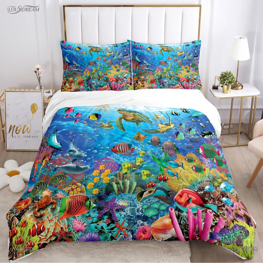 3D Ocean World Dolphin Whale Fish Duvet Cover Comforter Beding Set Soft Quilt Cover and Pillowcase for Single/Double/Queen/King