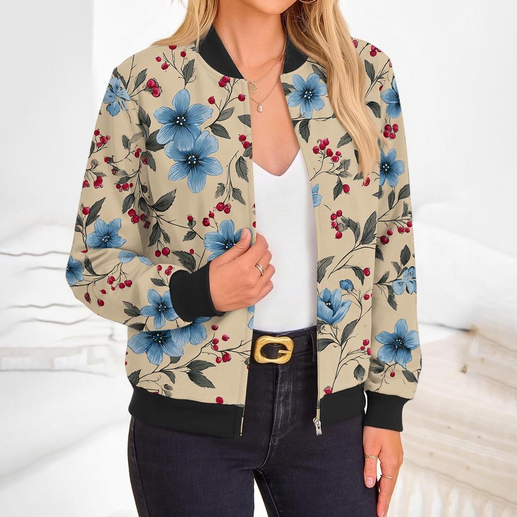 Women's Fashion Long Sleeve Floral Print Round Neck Zip Up Jacket