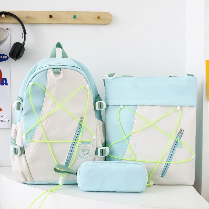 Three-Piece Backpack Set for Primary and Middle School Students Schoolbag Color Block Cartoon Backpack for Women Large Capacity Backpack