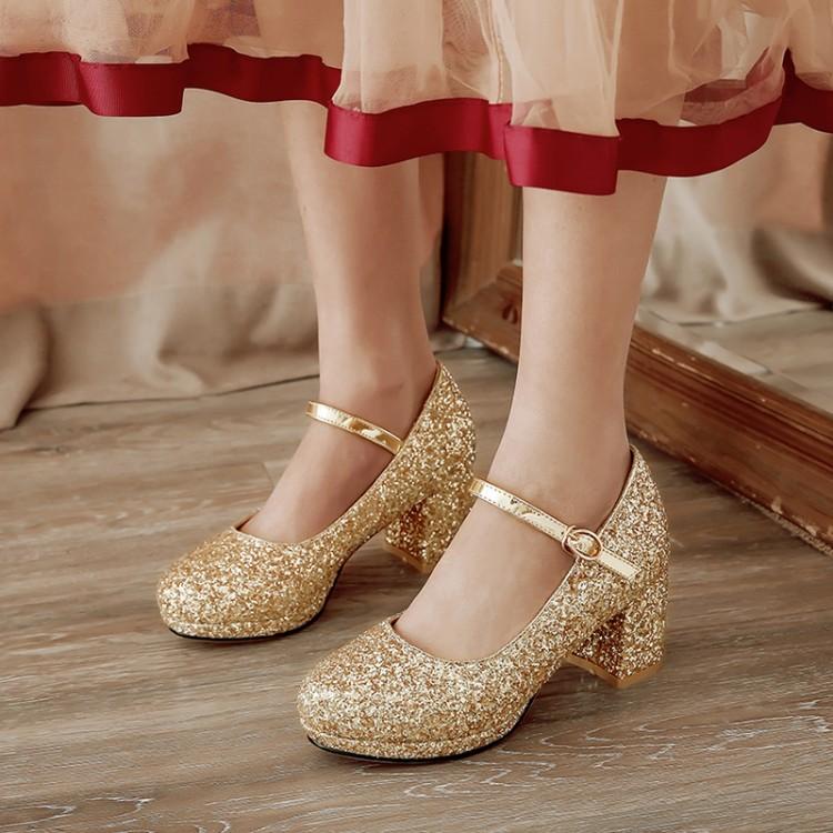 Women Glitter Golden Pumps Chunky Block Heels Platform Mary Jane Sequined Silver Shoes Woman Wedding Party 43