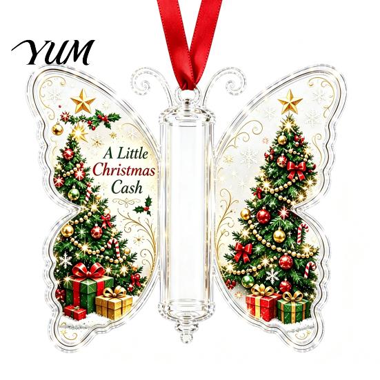 Decorative Hanging Money Gift Christmas Holder Ornament, Acrylic Cash Decor with Vintage Idea for Friends Butterfly Print, Holiday Party Supplies And