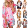 Women Floral Leopard Print Half Sleeve Shawl Cardigan Bikini Cover Up Blouse Top