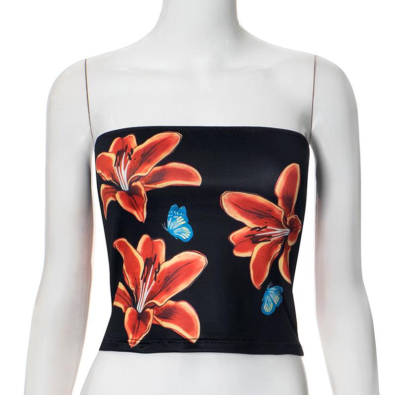 Summer Beach Sexy Off Shoulder Tube Top Ladies Party Flower Print Crop Tops Hot Girls Street Bodycon Sleeveless Underwear Holiday Strapless Tight Top