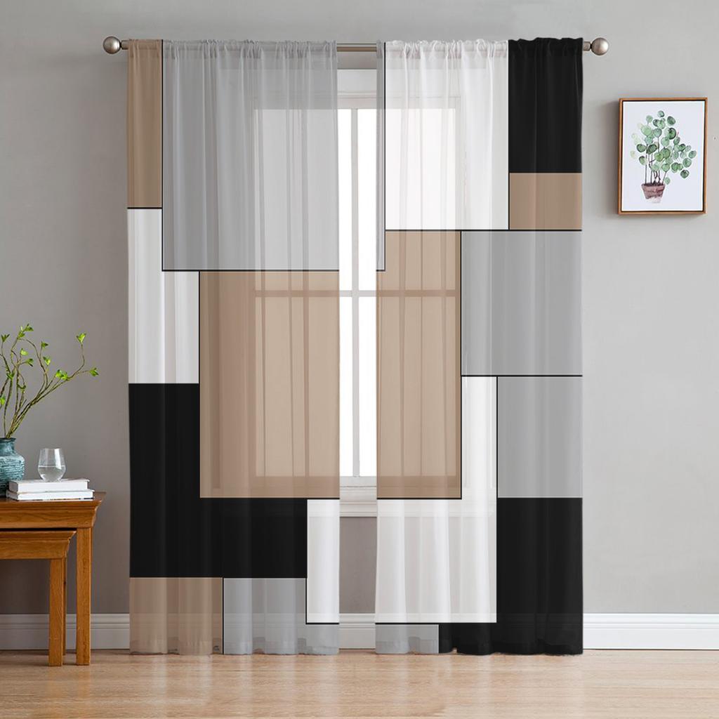 Black Grey Patchwork Abstract Art Sheer Curtains for Living Room Decoration Window Curtains Kitchen Tulle Voile Organza Curtains