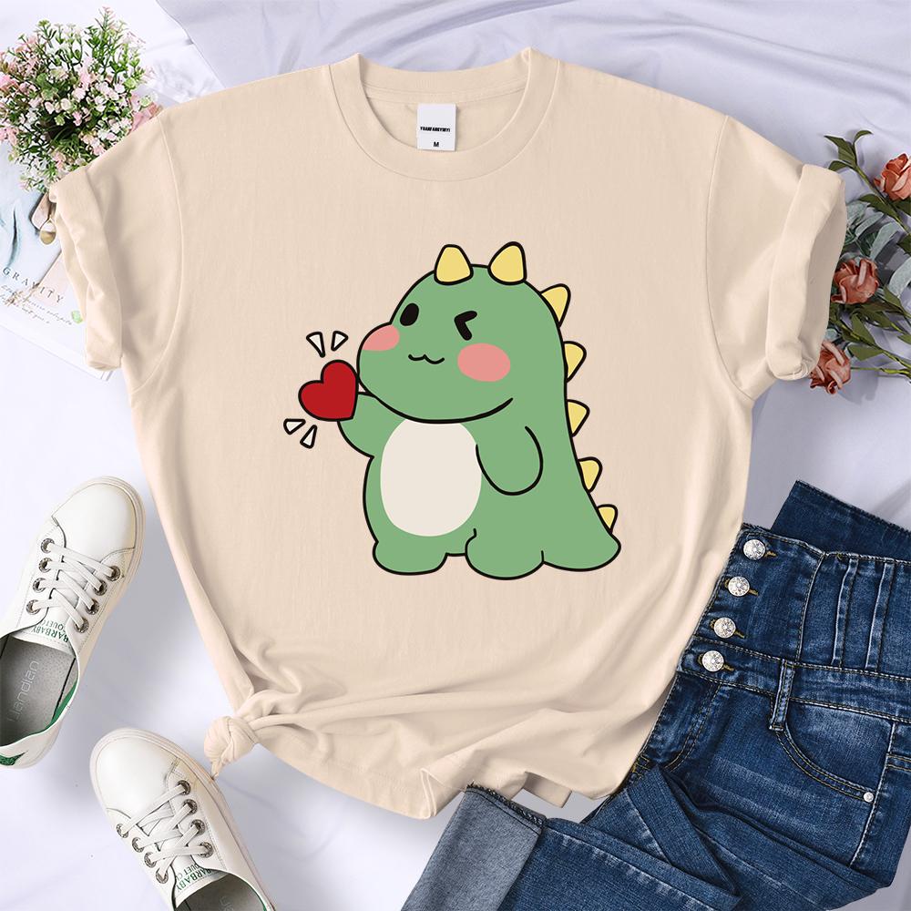 Милый маленький динозаврик признается в любви Принты Топы Женские Мягкие Уличные Футболки Спорт Хип-Хоп Футболки Одежда Повседневная с Коротким Рукавом