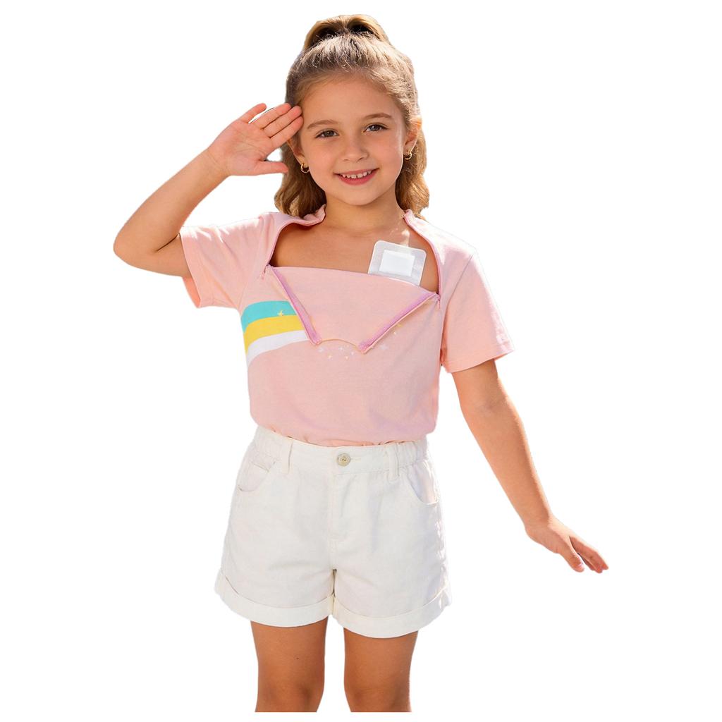 Kids Boys Girls Special Needs Adaptive Clothing Short Sleeve Rainbow Print Chest Port Access Chemo T-shirt with Zippers