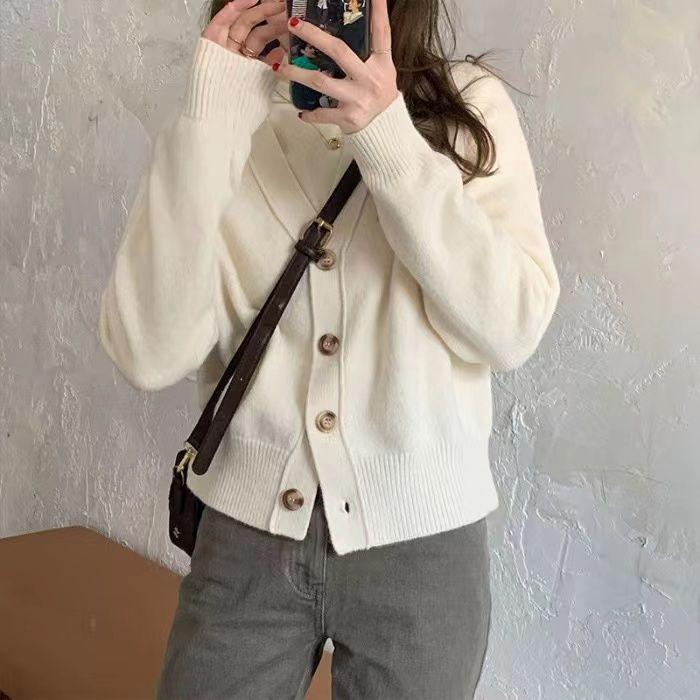 Кардиган, женский свитер с v-образным вырезом, повседневный и универсальный осенне-зимний повседневный однотонный вязаный свитер с v-образным вырезом и длинными рукавами, женский топ