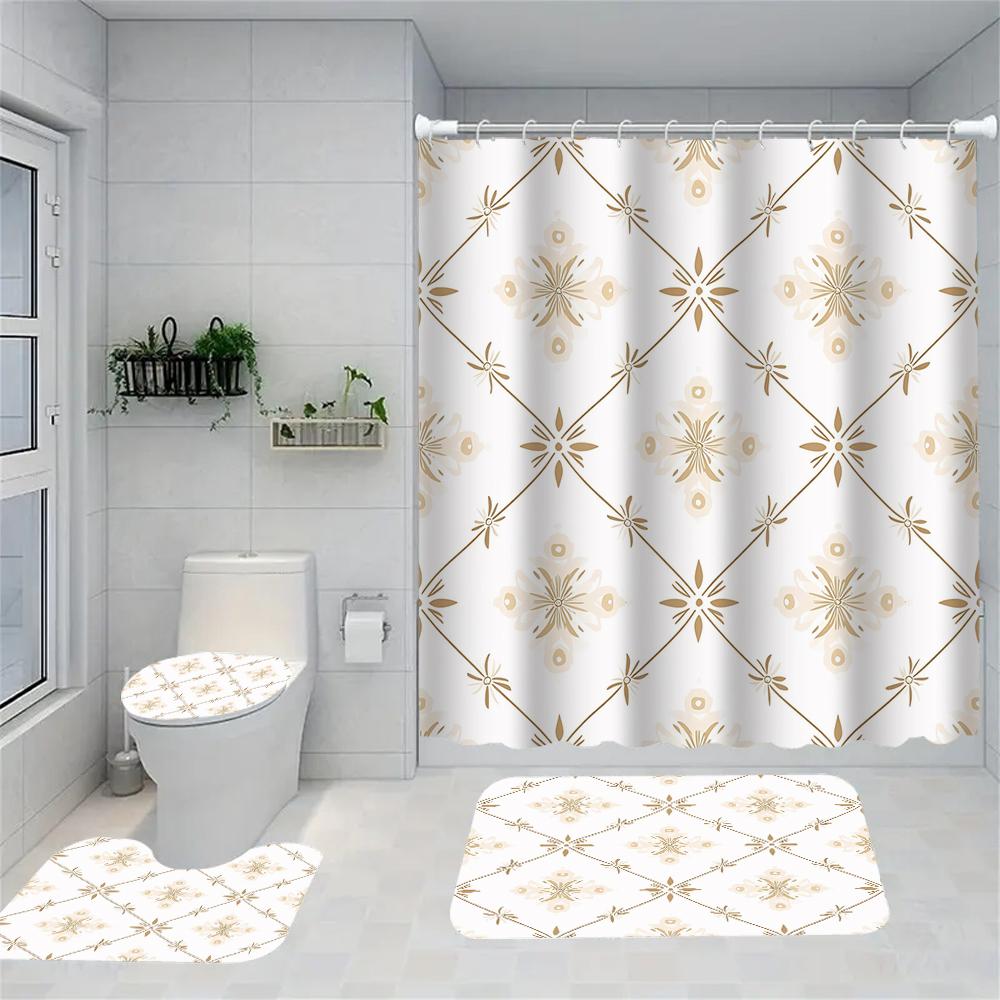 1/4 flowers and plants print shower Curtains, Toilet Seat Decoration, Shower Curtain with Carpet and Toilet Lid, 70.8x70.8 inch