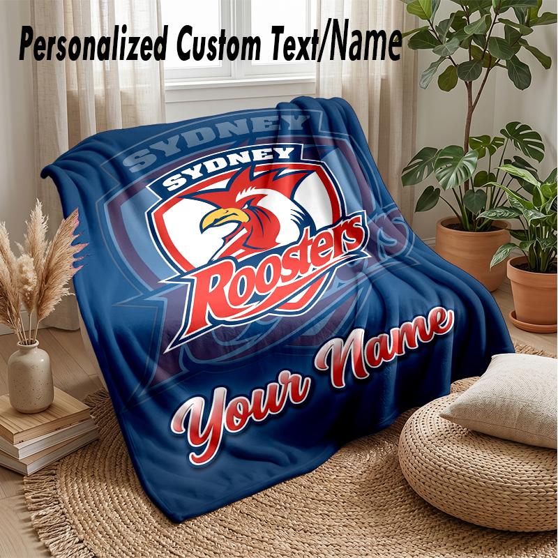 Sydney Roosters Custom Flannel Throw Blanket Print Your Name Text Soft Warm Blanket Holiday Present