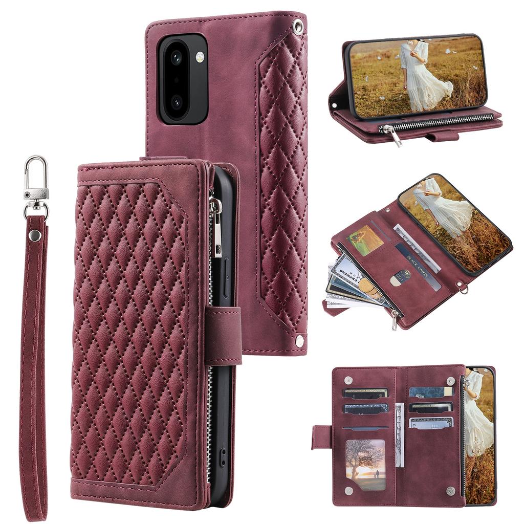 For OnePlus 15R 5G Wallet Case Rhombus Stitching Line PU Leather Phone Cover with Wrist Strap