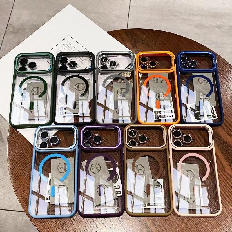 Metal Lens Stand Magnetic Case For 17 Pro Max 16 15 Plus 14 13 12 11 Air Magsafe Lens Glass Film Clear Phone Holder Case