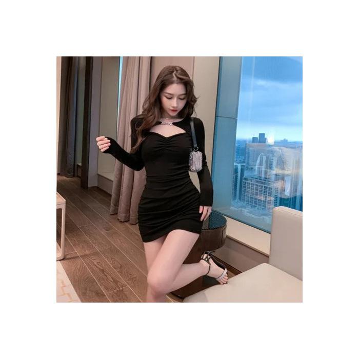 Pure desire style sexy spice girl fake two-piece dress women's spring and autumn new French temperament waist hollow hip skirt