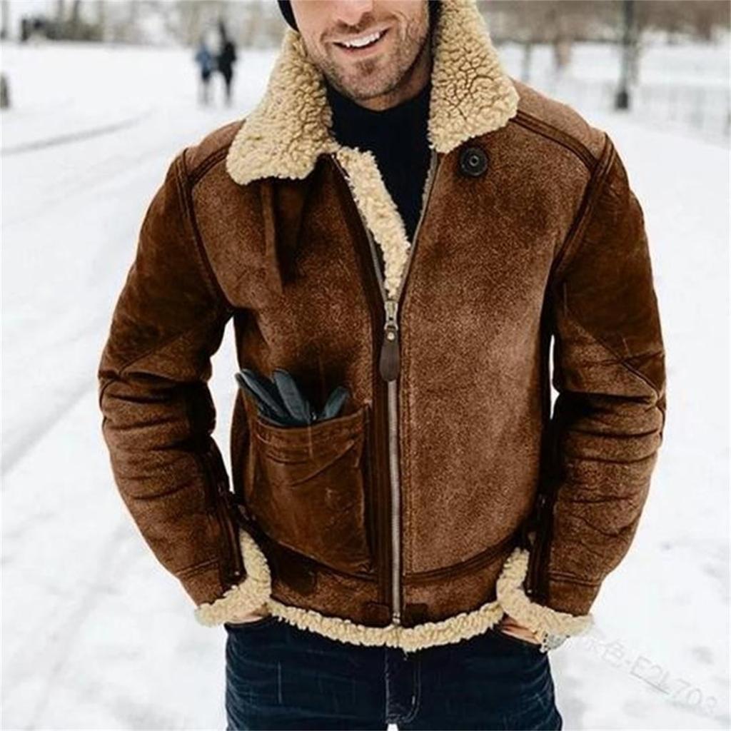 Men's Winter Warm Jacket With Thick Lapel And Color Matching Imitation Leather